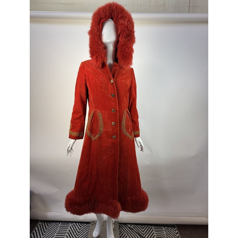 Vintage 70s Red Velvet  Penny Lane Coat W/ Gold Embroidery & faux Fur Trim Hood